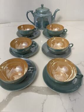 Lusterware Japan Vtg Iridescent Glaze Sea Foam Green/Caramel Tea Set 12 Pieces